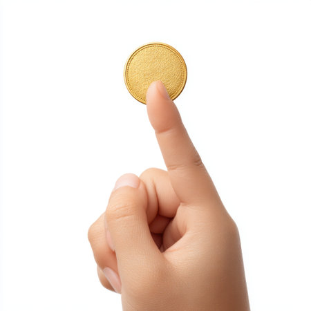 A close-up image of a hand holding a shiny golden coin balanced on a fingertip, set against a clean white background, representing wealth and investment opportunities.の素材