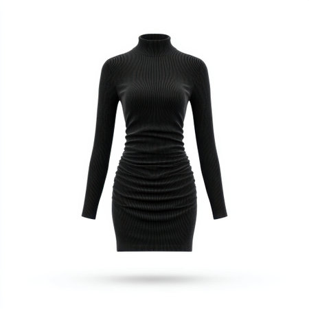 This elegant black turtleneck dress features ruching detail, creating a modern silhouette. Ideal for various occasions, it combines sophistication with comfort.の素材