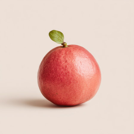 A vibrant red fruit with a green leaf sits on a soft neutral background, perfect for themes of health, cooking, and nutrition, offering a fresh and appealing look.の素材