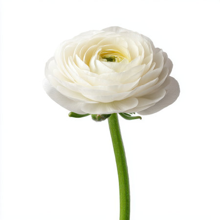A stunning close-up of a single white flower showcasing its delicate petals and vibrant green stem, perfect for projects related to nature, beauty, and tranquility.の素材