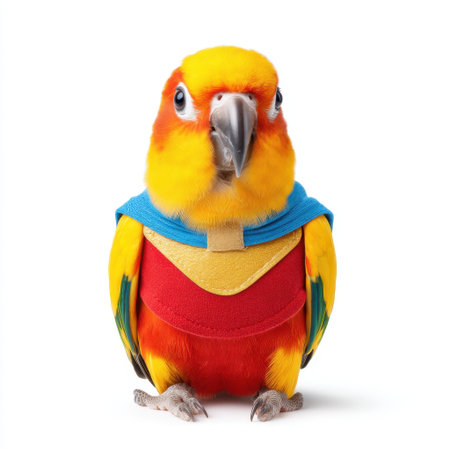 Whimsical macaw parrot in a superhero cape, capturing attention with its bright colors and delightful charm, perfect for playful visuals and creative projects.の素材