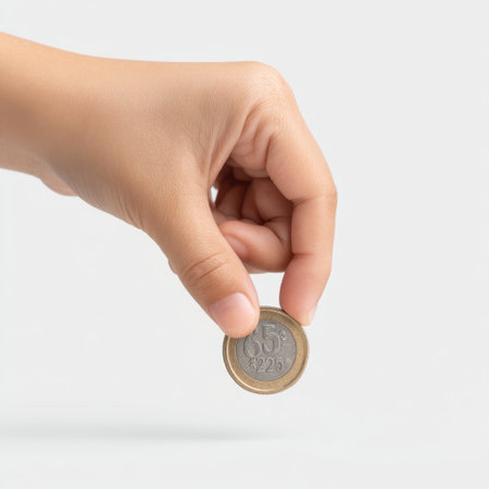 Close-up image of a hand holding a coin showcasing its details. The isolated background emphasizes the currency, perfect for financial themes and concepts.の素材