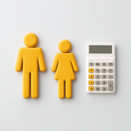 This image features yellow male and female symbols alongside a calculator, symbolizing gender equality and financial analysis, ideal for educational and corporate contexts.の素材
