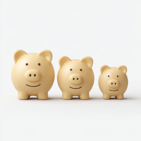 This delightful image features a trio of charming piggy banks in varying sizes, representing the journey of saving money and financial growth for educational themes.の素材