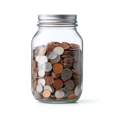 A clear glass jar filled with different types of coins, representing savings and financial growth concepts, perfect for illustrating budgeting and money management themes.の素材