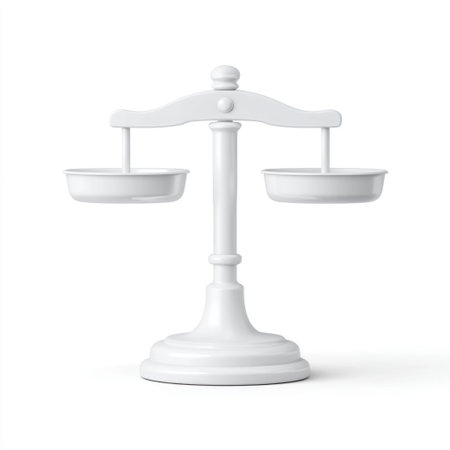 A sleek white balance scale stands on a clean background, representing themes of justice and fairness, ideal for illustrating legal concepts or decision-making processes.の素材