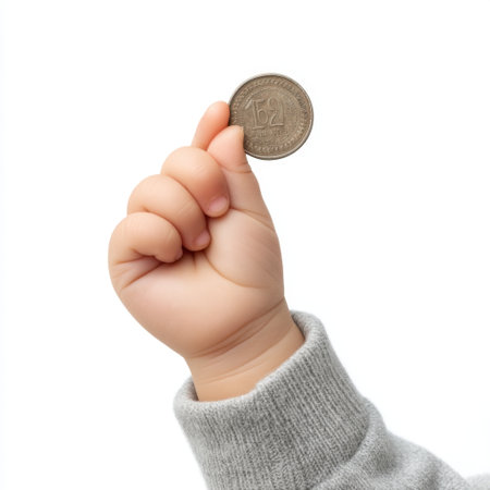 A close-up image of a child's hand holding a small coin, symbolizing innocence and the beginnings of financial awareness. The soft lighting enhances the warmth and simplicity.の素材