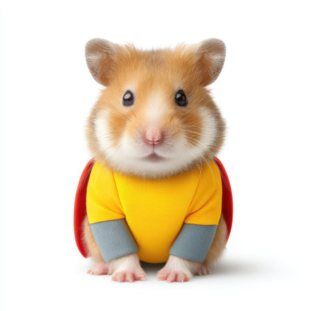 This charming image features a cute hamster dressed as a superhero, complete with a colorful cape and a delightful expression, perfect for creative projects and imagery.の素材