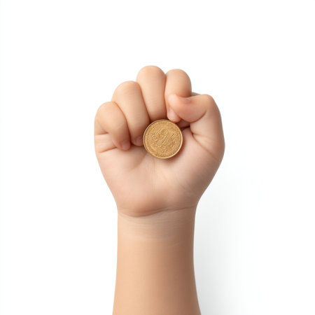 A detailed close-up image of a human hand grasping a single coin, representing concepts of wealth and financial management in modern society.の素材