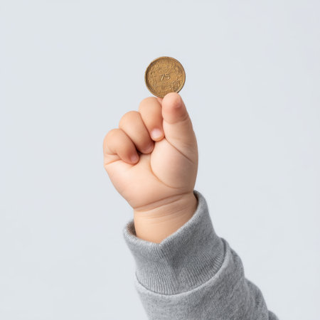A small child's hand confidently holds a coin, showcasing themes of finance and education in a soft, minimalistic setting, ideal for financial growth concepts.の素材