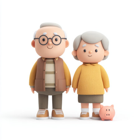 This delightful illustration features an elderly couple with a piggy bank, exuding warmth and charm, ideal for family, finance, and retirement themes in various projects.の素材