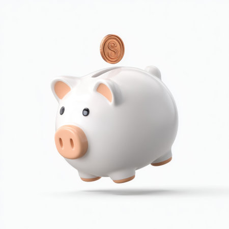 A charming white ceramic piggy bank with a coin about to drop into the slot, representing savings, budgeting, and financial management in a minimalistic style.の素材