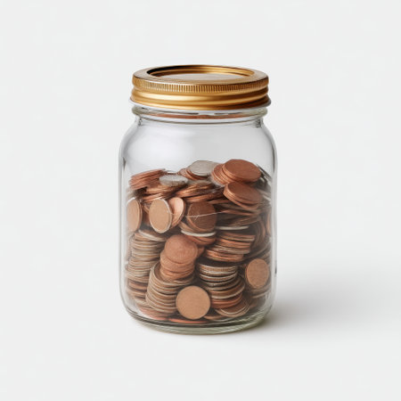 A clear glass jar filled with a variety of coins, symbolizing the importance of savings and the potential for growth in personal finance and wealth management.の素材