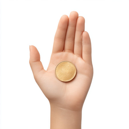 A clean and minimalist image of an open hand holding a single gold coin, representing wealth, investment, and financial security in a modern aesthetic.の素材