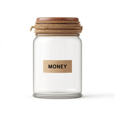 A clear glass jar with a wooden lid and rope label, ideal for storing money, promoting savings, or adding a stylish touch to any home or office decor.の素材