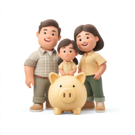 A joyful family consisting of parents and a child stands beside a cheerful piggy bank. This playful illustration captures the essence of saving money and financial education.の素材