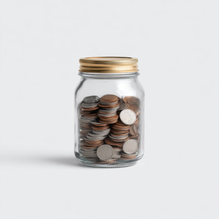 A clear glass jar filled with assorted coins represents the concept of saving money. Ideal for themes related to personal finance, budgeting, and financial literacy.の素材