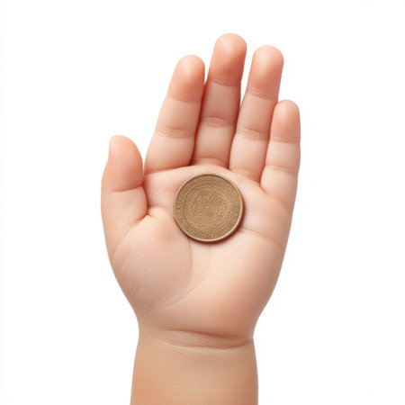 A close-up of a human hand holding a single coin symbolizes the concept of currency and value. This image is ideal for projects related to finance and economic education.の素材