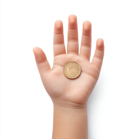 A close-up view of a human hand holding a shiny golden coin against a clean white backdrop, representing themes of wealth, prosperity, and financial growth.の素材