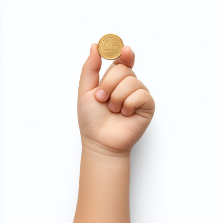 A young hand elegantly holds a gold coin, symbolizing finance and wealth. The isolated background enhances the focus on the coin's value and significance.の素材