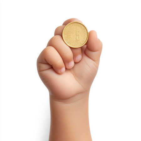 A child hand holds a golden coin with the number five, symbolizing finance and wealth, set against a clean white background ideal for educational or financial themes.の素材