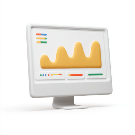 A modern computer monitor features colorful graphs and statistics, representing data analysis and technological advancement in a creative design for business applications.の素材