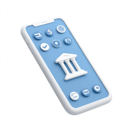 A modern smartphone displaying a banking app interface with essential financial icons, showcasing streamlined access to digital transactions and user-friendly features.の素材