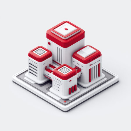 This image features modern buildings with striking red accents, showcasing a minimalist design with geometric shapes, ideal for urban architecture concepts and innovative projects.の素材