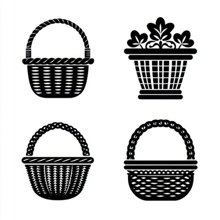 Discover a unique collection of black silhouette illustrations featuring vintage-style baskets and flower pots, perfect for enhancing home decor or gardening themes.の素材