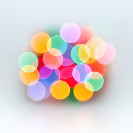 Beautiful arrangement of colorful bokeh lights with soft focus on a bright background. Ideal for use in creative projects, designs, and festive themes.の素材