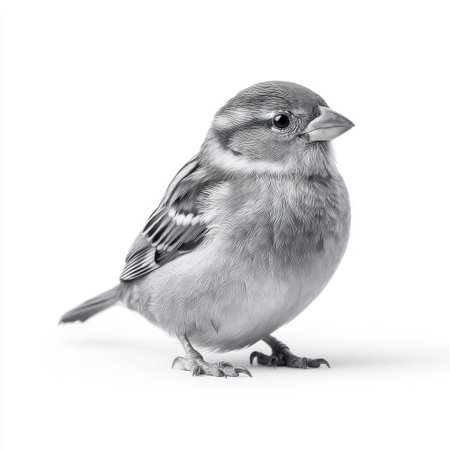 This captivating illustration showcases a small bird depicted in gentle grey tones, emphasizing its delicate features and curious demeanor in a minimalist artistic style.の素材