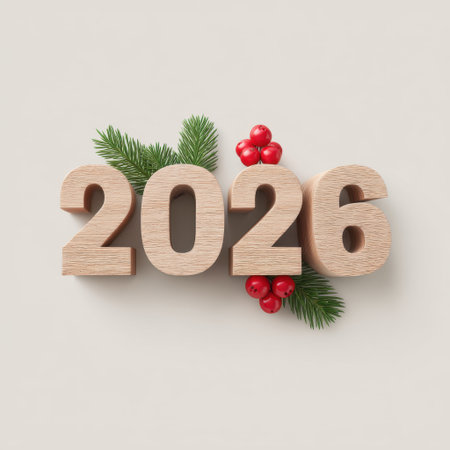 A beautiful arrangement featuring wooden numbers representing 2026, adorned with evergreen branches and red berries, suitable for various holiday themes and celebrations.の素材