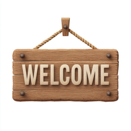 This rustic wooden welcome sign features bold lettering and a rope hanger, perfect for adding a warm and inviting touch to any home or business entrance.の素材