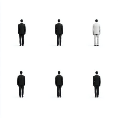 This image features a diverse array of business professionals in formal suits, viewed from behind. The stark background highlights individual styles and professionalism.の素材