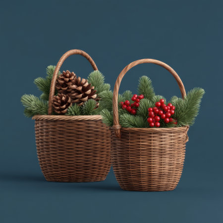 This image features two rustic wicker baskets filled with festive pine branches, cones, and bright red berries against a dark blue background, ideal for holiday themes.の素材