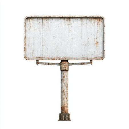 An empty, rusty billboard stands on a sturdy metal base, showcasing a weathered texture and industrial aesthetic. Ideal for creative projects in advertising and design.の素材