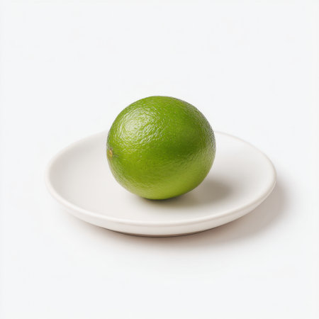 A vibrant green lime rests on a simple white plate, embodying freshness. This image is ideal for culinary themes, recipes, and healthy lifestyle concepts.の素材