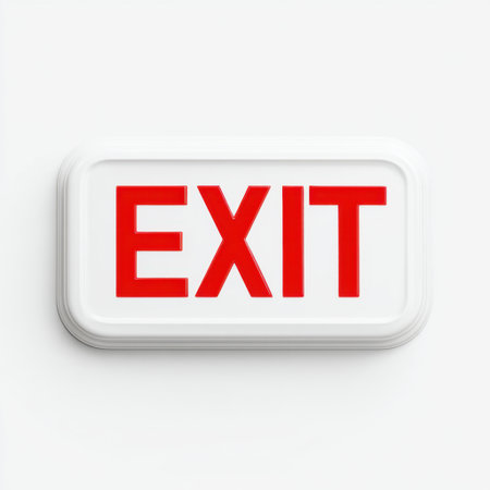 This stock photo features a clear and bold exit sign with red letters illuminated against a white background, emphasizing safety and direction for emergencies.の素材