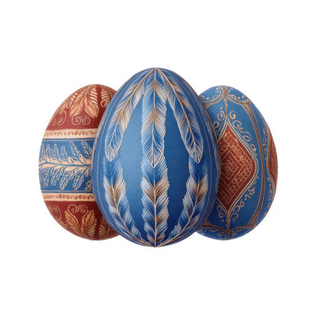 Beautifully crafted Easter eggs featuring detailed designs in vibrant blue and red tones. Perfect for seasonal decor, celebrations, and artistic inspirations.の素材