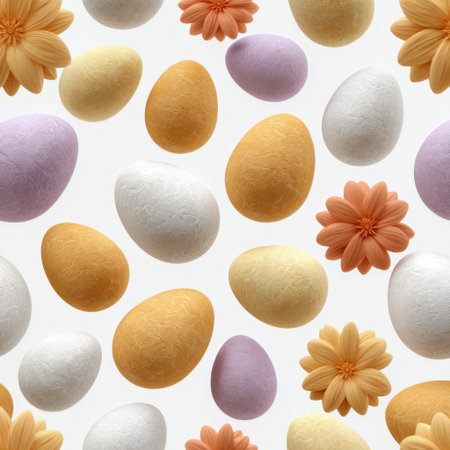 A vibrant arrangement featuring colorful Easter eggs and flowers in soft pastel shades. Perfect for spring celebrations, holiday decor, and seasonal themes.の素材