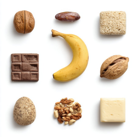 A visually appealing arrangement of diverse snacks featuring fruits, nuts, and sweets, perfect for healthy eating, energy boost, and delightful culinary experiences.の素材
