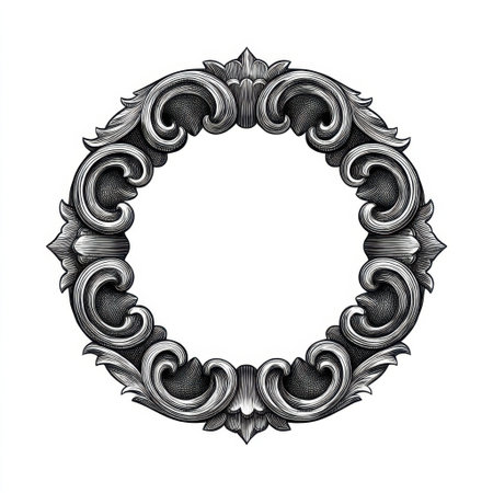 This ornate round frame design features intricate detailing and vintage style, perfect for showcasing artwork, photography, or decorative displays with elegance.の素材