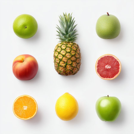 A vibrant display of fresh fruits including pineapple, grapefruit, apple, orange, lemon, lime, and green apple set against a clean white background. Ideal for healthy lifestyle concepts.の素材