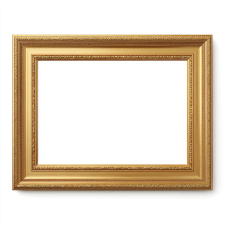 A beautifully ornate golden picture frame featuring intricate detailing against a clean white background. Perfect for displaying art, photographs, or creative projects.の素材
