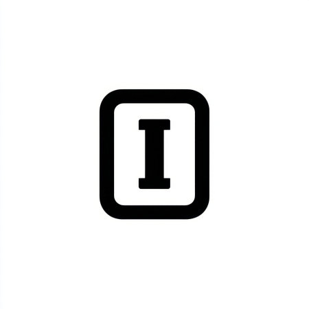This minimalistic icon features a bold letter 'I' inside a rectangular frame, perfect for a variety of design applications, including logos, branding, and typography projects.の素材