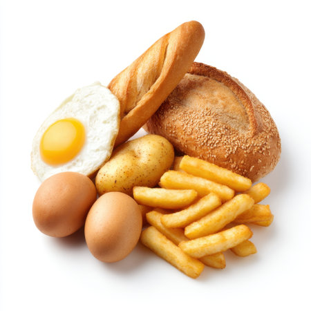 This appealing breakfast scene showcases a variety of morning favorites including eggs, fresh bread, crispy fries, and savory potato, perfect for any meal.の素材