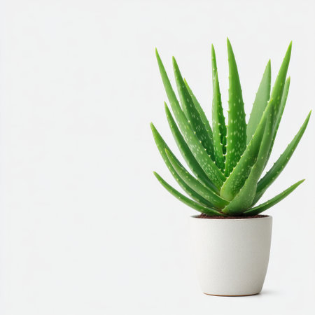 Beautiful aloe vera plant displayed in a stylish white pot, perfect for home decor and wellness themes, adding a touch of natural beauty to any space.の素材