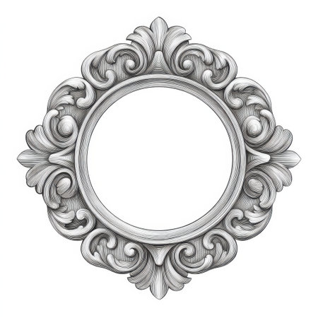 Elegant round frame with intricate detailing and swirls, perfect for showcasing art or photographs. The vintage design enhances any decor style in a sophisticated manner.の素材