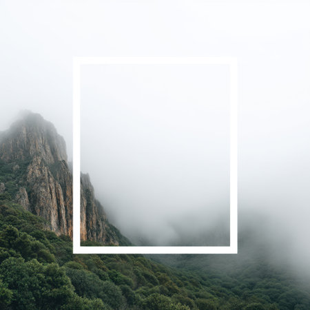 A serene landscape featuring rugged mountains enveloped in soft fog, surrounded by lush greenery. The misty atmosphere evokes tranquility and a connection to nature.の素材