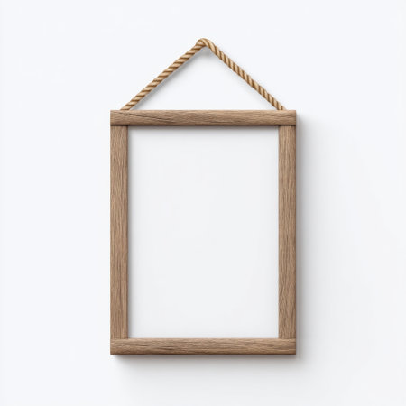 A stylish minimalist wooden frame with a twisted rope hanger. Ideal for showcasing art, photos, or decorative items in various creative and home settings.の素材